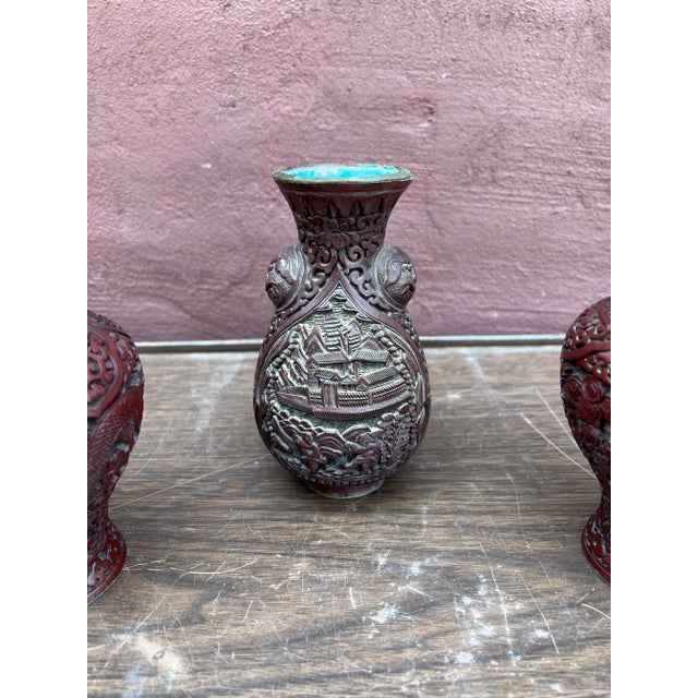 Chinese 1920s Chinese Cinnabar Lacquer Vases - Set of 3 For Sale - Image 3 of 8