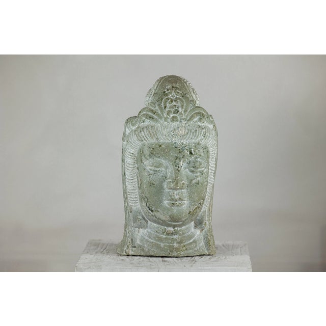 Mid 20th Century Hand-Carved Vintage Chinese Stone Quán Yīn Head Sculpture with Natural Patina For Sale - Image 5 of 12