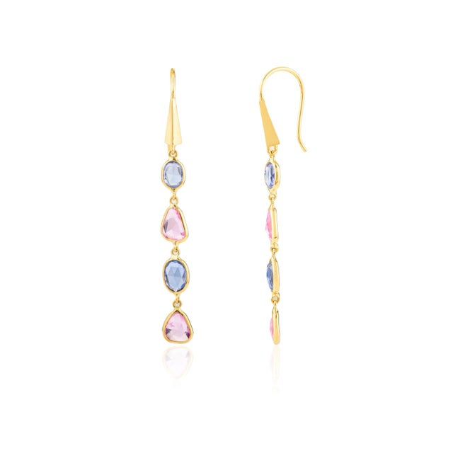 Not Yet Made - Made To Order 3.66 Carat Multi Sapphire Uneven Cut Dangle Earrings in 18k Gold- A Pair For Sale - Image 5 of 10