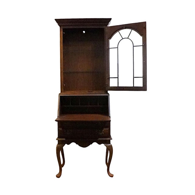 Late 20th Century American Drew Solid Cherry Traditional Queen Anne 26" Secretary Desk W. Lighted Display Hutch 77-478 / 77-479 For Sale - Image 5 of 17