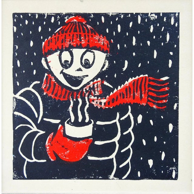 Contemporary Winter Figure & Hot Chocolate Serigraph in Red & Black For Sale - Image 3 of 3