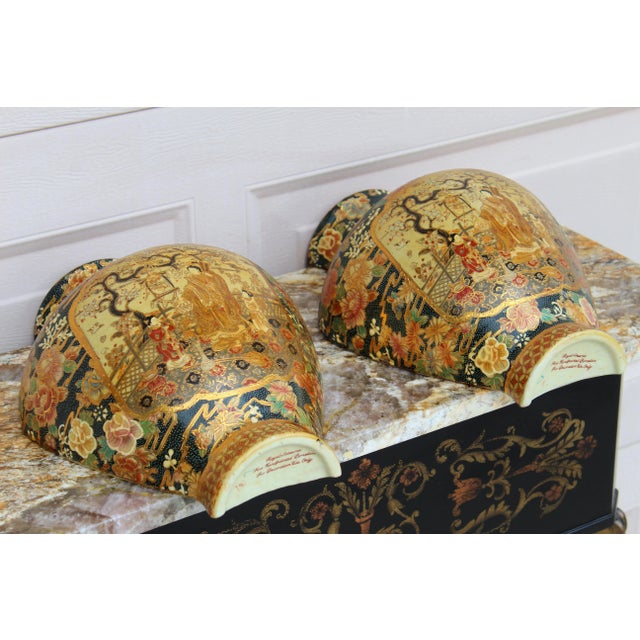 Pair of Vintage Japanese Royal Satsuma Wall Pocket Vases - Hand-Painted Porcelain Fan-Shaped With Geisha & Floral Motifs For Sale - Image 9 of 18