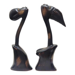 Mid 20th Century African Carved Wood Modernist Sculpture Male and Female Busts - A Pair For Sale