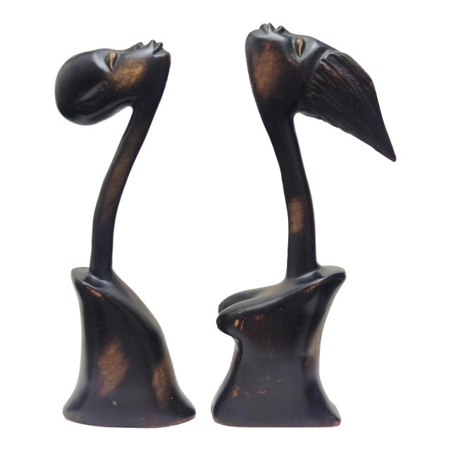 Mid 20th Century African Carved Wood Modernist Sculpture Male and Female Busts - A Pair For Sale