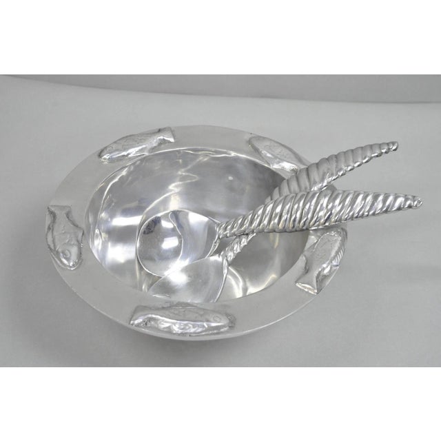 Vintage Mariposa Brillante 1995 Mid Century Modern Cast Aluminum "Fish" Salad Bowl with Fork & Spoon. Circa Late 20th...