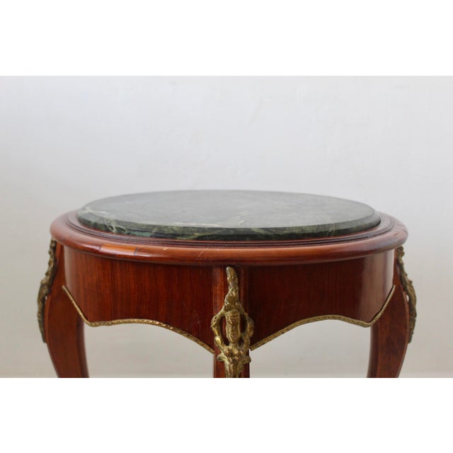 Late 20th Century French Louis XV Style Occasional Side Tables Feature Green Marble Tops, Non-Identical-a Pair For Sale - Image 16 of 18