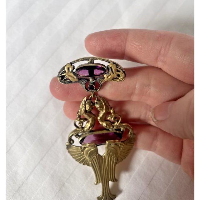 Art Deco Mid 20th Century Art Deco Pin With Brass & Amethyst Glass For Sale - Image 3 of 6