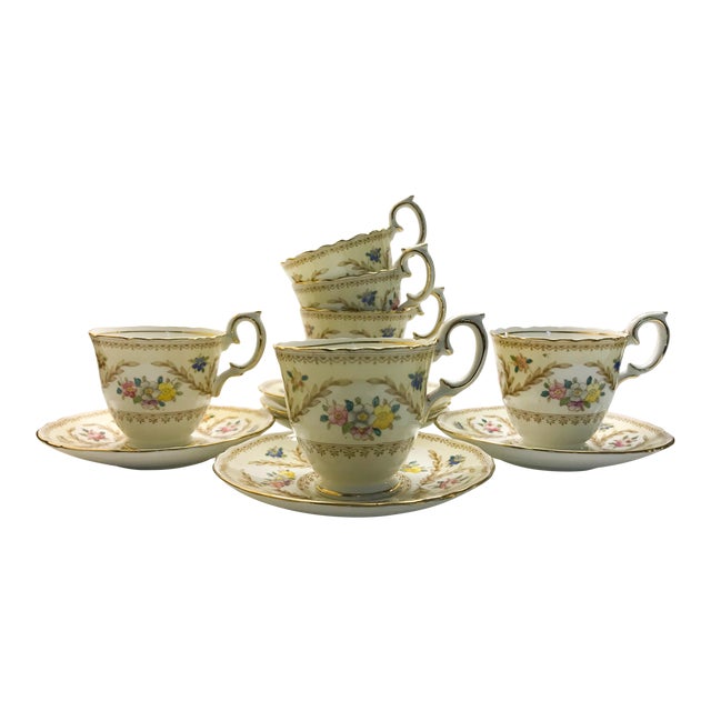 Crown Staffordshire Fine Bone China Tea Cups & Saucers Flowers Set of
