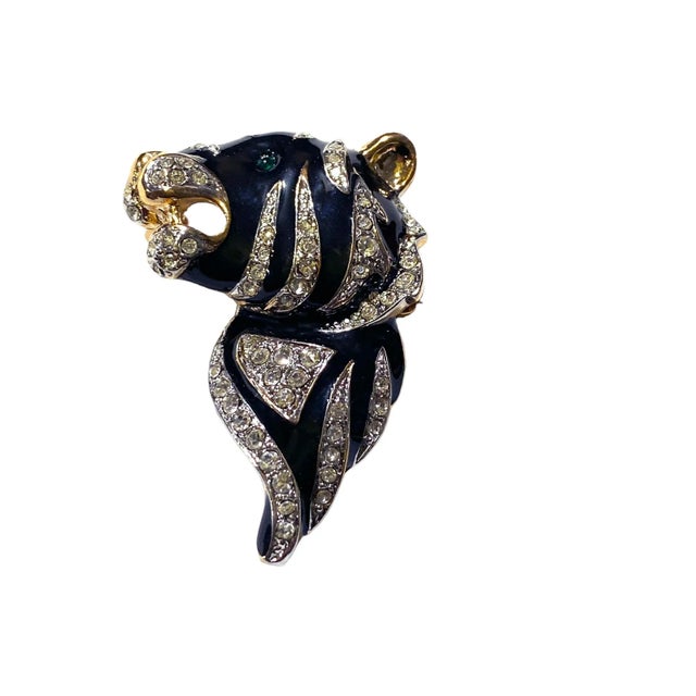 1960s Vintage Gold Tone Black Enamel Clear Rhinestone Zebra Brooch Pin For Sale - Image 5 of 6
