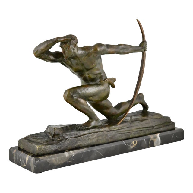 Pierre Le Faguays, Art Deco Sculpture of Athlete with Bow, 1930, Bronze on Marble Base For Sale