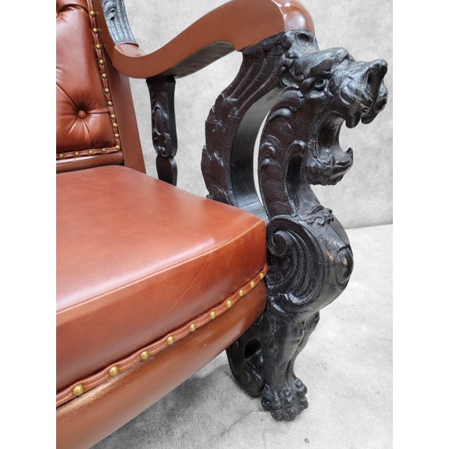 Antique r.j. Horner Style Carved Winged Griffin Tufted Parlor Set Newly Restored & Reupholstered in Leather - 3 Piece Set For Sale - Image 11 of 12