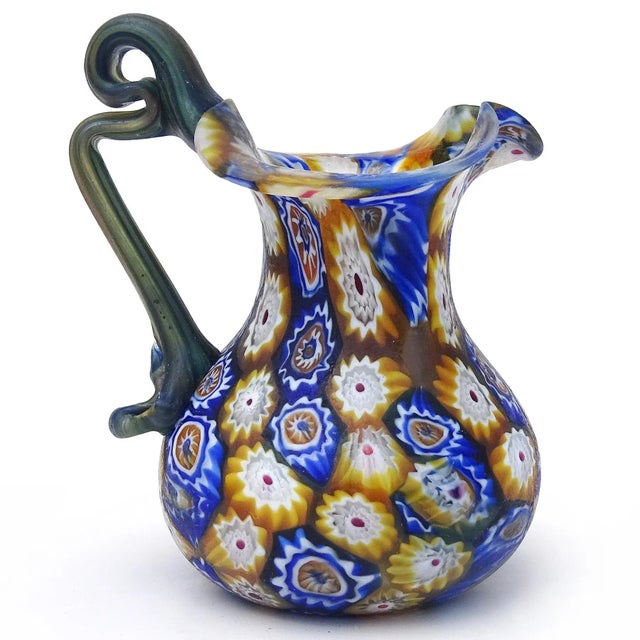Art Nouveau Fratelli Toso Murano Millefiori Flowers Antique Italian Art Glass Ornate Handle Cabinet Vase Pitcher For Sale - Image 3 of 7