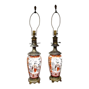 Pair of Japanese Decorated Porcelain and Brass Table Lamps