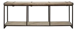 Vintage Door Console Table With Storage Shelf – Metal-Wrapped Top, 91″ Long