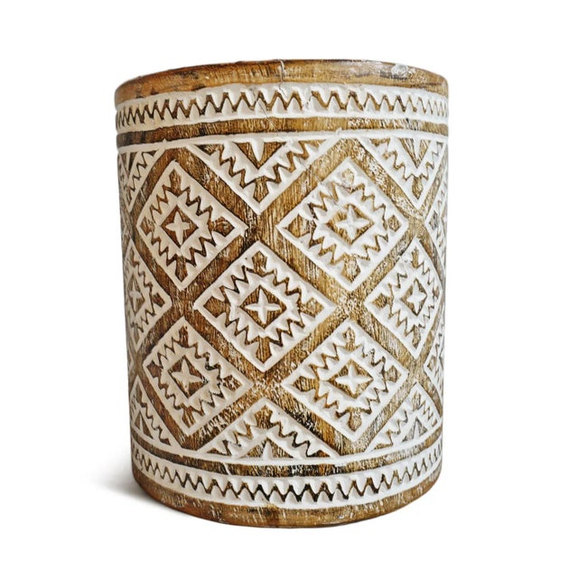 Vintage carved Java tribe umbrella stand / side table. Natural and white wash finish. Each slightly unique in finish and...