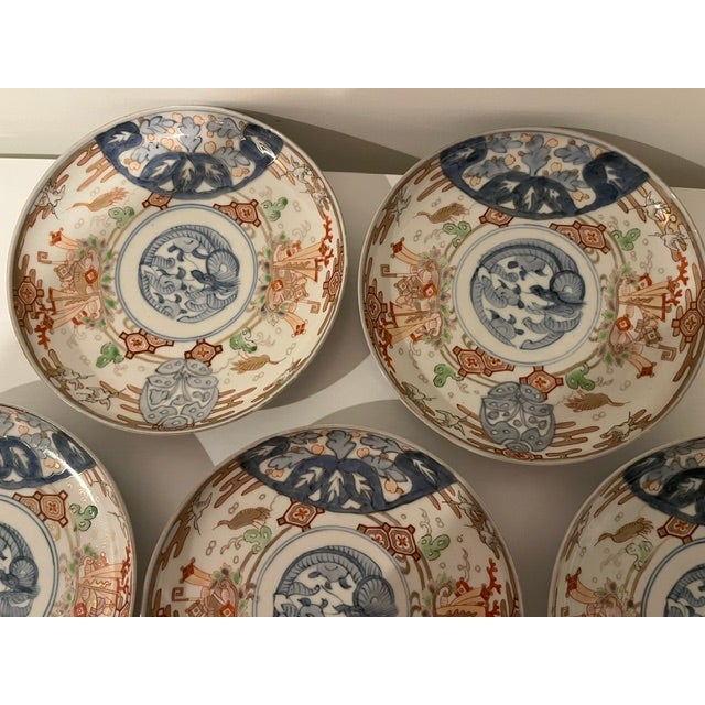 Japanese Antique Colored Japanese Plates - 6 - Blue & White, Burgundy, Light Green and Gold For Sale - Image 3 of 18