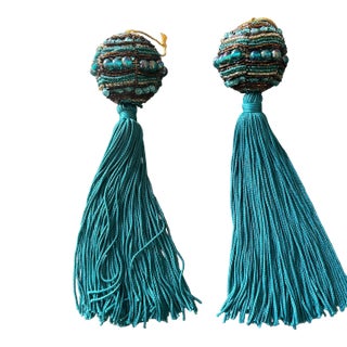 Teal Silk Beaded Key Tassels Pair For Sale