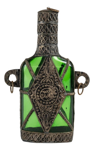 Glass Bottle with Metal Decor, 20th Century