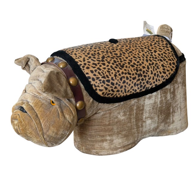 Vintage Velvet & Leather Bulldog Footstool Ottoman For Sale - Image 4 of 5
