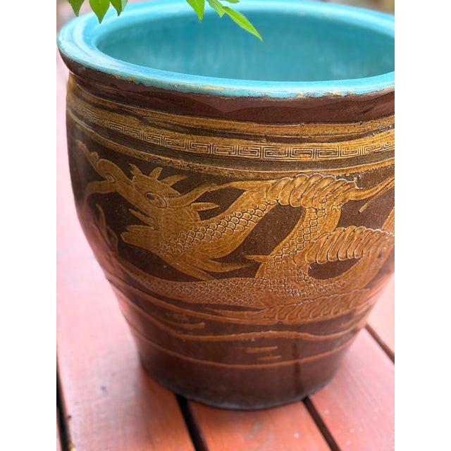 Large Chinese Glazed Terracotta Earthenware Planter Set Decorated With Dragons Egg Pots For Sale - Image 10 of 18