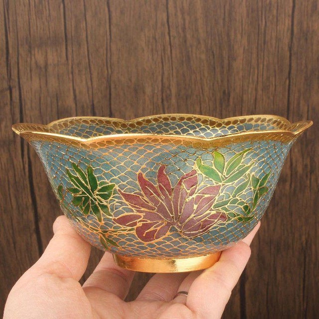 Late 20th Century Set of 4 Vintage Cloisonné Enamel Bowls – Eggshell Technique, Lotus Motif, Gilded For Sale - Image 5 of 12