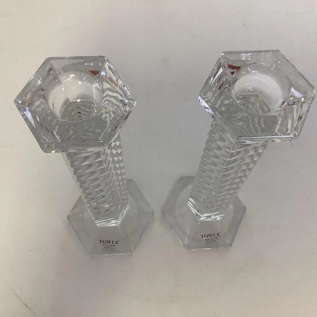 Transparent Contemporary Barley Twist Towle Lead Crystal Candle Holders From Austria - A Pair For Sale - Image 8 of 9