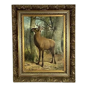 Signed & Dated 1879, Belgian Artist, Charles Boland, Oc Painting of a Stag Marking a Tree Trunk, Framed