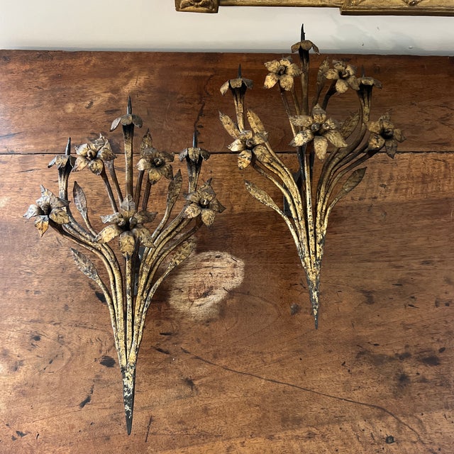 Gold Antique Cold Gilded Candle Prick Floral Wall Sconces- A Pair For Sale - Image 8 of 11