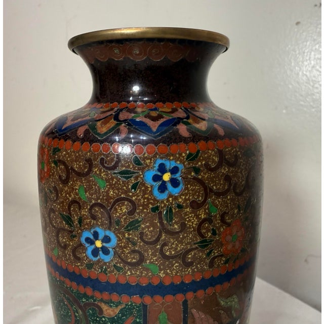 Brown Antique Signed Japanese Ando Handmade Qing Enamel Silver Floral Cloisonné Vase For Sale - Image 8 of 11