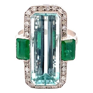 Platinum 9.50 Carat Aquamarine, Emerald and Diamond Ring, Size 7 For Sale