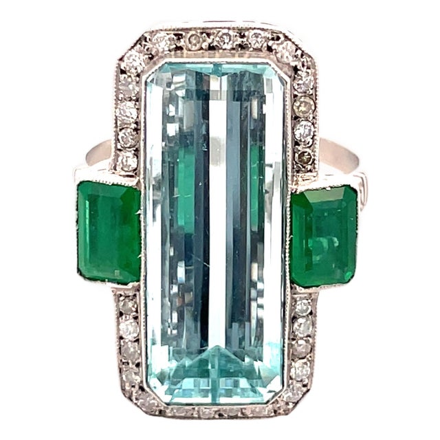 Platinum 9.50 Carat Aquamarine, Emerald and Diamond Ring, Size 7 For Sale