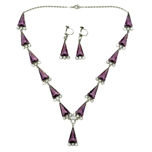 Art Deco Silver, Purple Triangular Glass and Paste Necklace and Earrings, 1920s, Set of 2 For Sale - Image 17 of 17