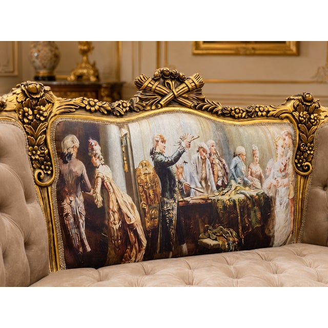 French 1970s French Louis XVI Tan Velvet Gold Settee For Sale - Image 3 of 8