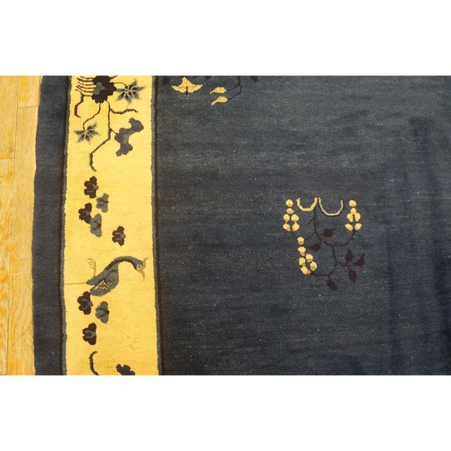 1930s Navy Blue Floral Deco Antique Chinese Peking Knotted Wool 9' X 11'4" Rug For Sale - Image 10 of 10