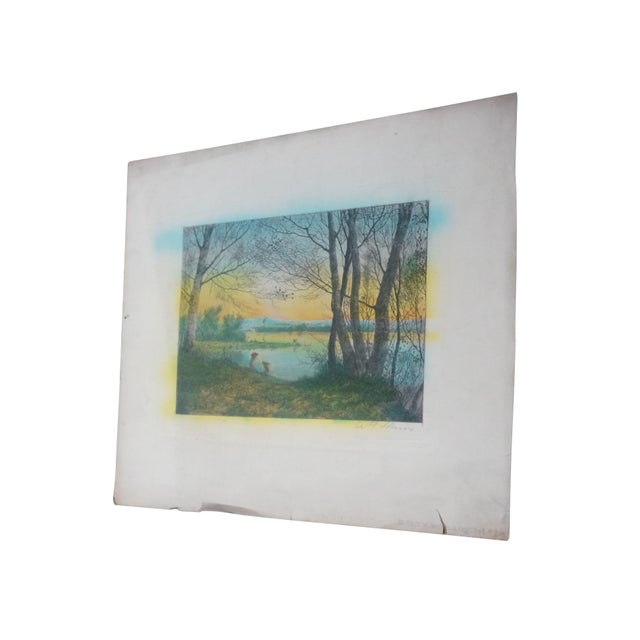 Late 19th century hand colored etching titled "On the River Bank" by Arthur Fuller Davis. Landscape showing a pair of...