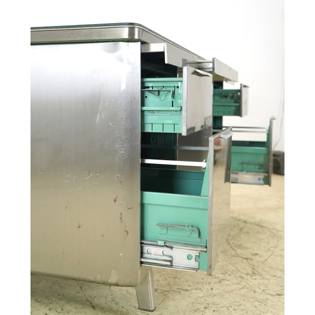 Metal Vintage Industrial Steel Office Desk With Glass Top For Sale - Image 7 of 12