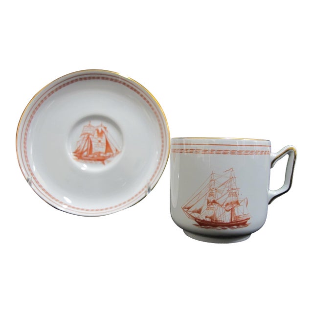 Early 20th Century Spode Copeland Red Trade Winds Brig Eliza 1865 & 1820 Demitasse Cup & Saucer For Sale