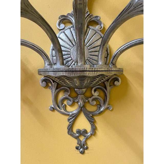 Vintage Large Five-Branch Nickel-Brass Ornate Wall Sconces - a Pair For Sale - Image 12 of 13