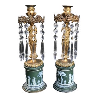 19thc Antique Gilt Bronze "Venus" Statue Wedgwood Jasperware Pedestal Candle Holders/ Lamps a - Pair For Sale