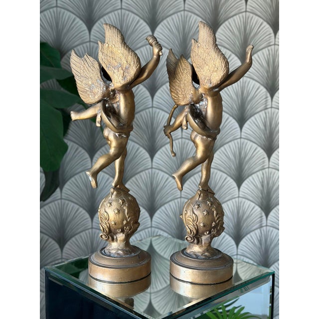 Early 20th Century Antique Art Nouveau Brass Cherub Cupid Angel Statue Sculptures in the Style of A. Moreau - A Pair For Sale - Image 5 of 12