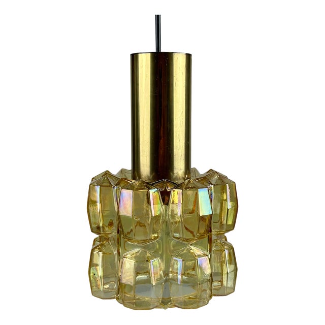 Space Age Glass and Brass Ceiling Lamp from Glashütte Limburg, Germany, 1970s For Sale