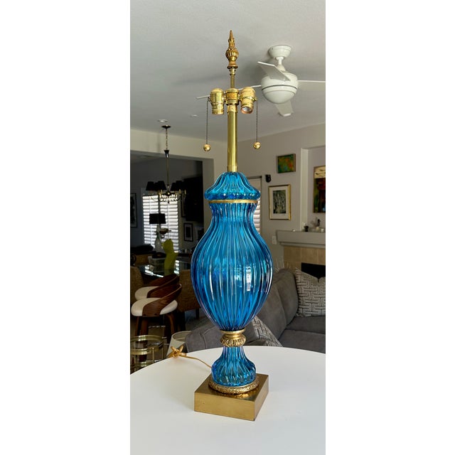 Seguso Large Murano Blue Seguso Table Lamp for Marbro For Sale - Image 4 of 16