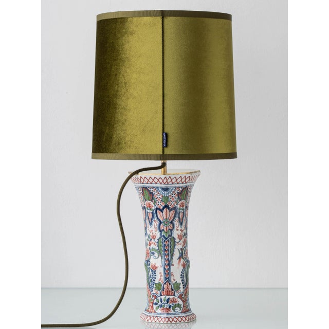 Dutch Delft Table Lamps with New Olive Velvet Drum Lampshades by Makkum, 1940s, Set of 2 For Sale - Image 16 of 17