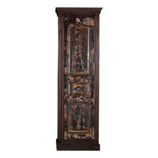 84” Tall Antique Handcarved Door Repurposed Narrow Closet | Farmhouse Style Storage Armoire | Rustic Distressed Bedroom Wardrobe Cupboard For Sale