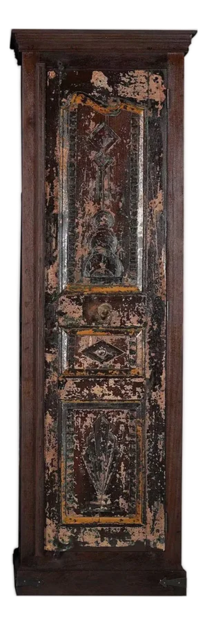 84” Tall Antique Handcarved Door Repurposed Narrow Closet | Farmhouse Style Storage Armoire | Rustic Distressed Bedroom Wardrobe Cupboard