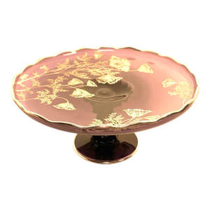 Early 20th C. Amethyst Glass Cake Plate With Gilded Silver Florals