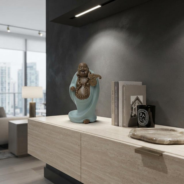 Celadon Joyful Laughing Buddha Light Celadon Robe Ceramic Coin Bat Ru Yi Figure For Sale - Image 8 of 13