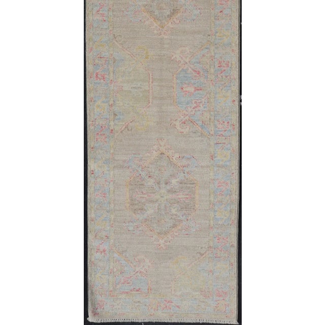 Hand-Knotted Oushak Runner With Medallion Design on a Tan Field With Red & Blue. Keivan Woven Arts; rug AWR-AR118 Country...