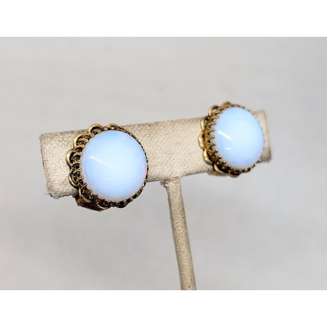 1950s Vintage 1950s Signed Napier Round Goldtone Faux-Moonstone Clip Earrings- 2 Pieces For Sale - Image 5 of 7