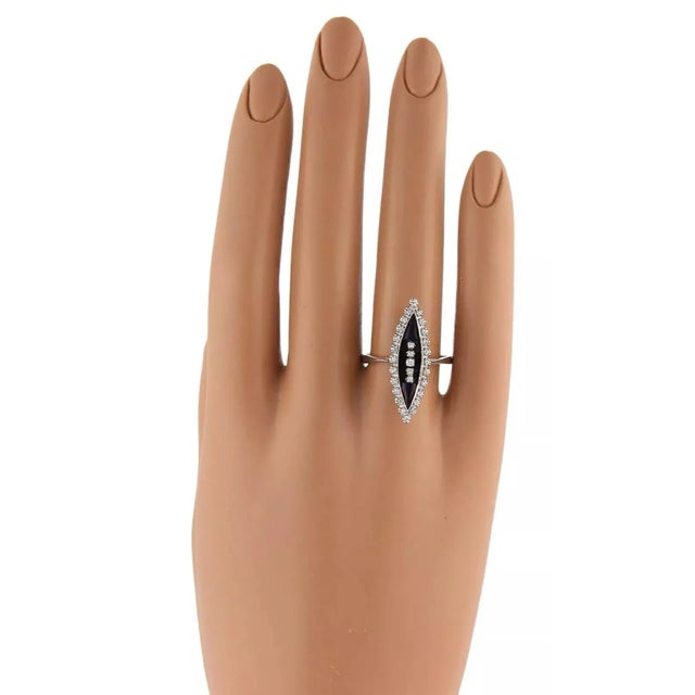 Art Deco 18k White Gold Marquise Cut Black Onyx & Diamond Ring For Sale - Image 4 of 4